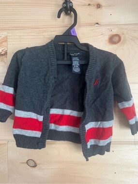 Nautica Toddler Charcoal Knit Cardigan with Red & Light Gray Stripes